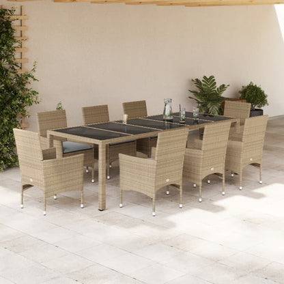 Ensemble à manger de jardin et coussins 9 pcs beige rotin verre