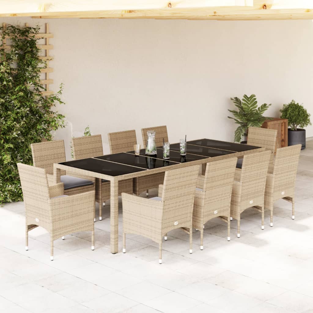 Ensemble à manger de jardin et coussins 11pcs beige rotin verre