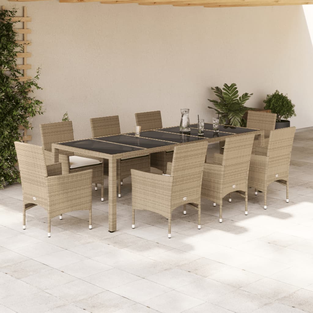 Ensemble à manger de jardin et coussins 9 pcs beige rotin verre