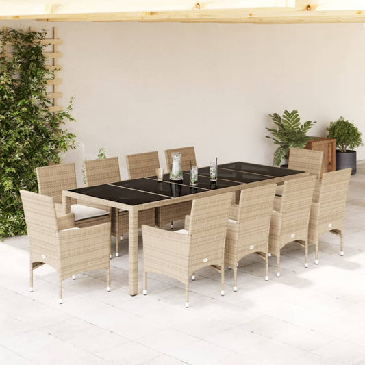 Ensemble à manger de jardin et coussins 11pcs beige rotin verre