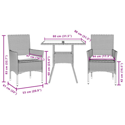 Ensemble à manger de jardin et coussins 3 pcs noir rotin verre