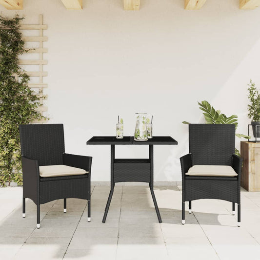 Ensemble à manger de jardin et coussins 3 pcs noir rotin verre