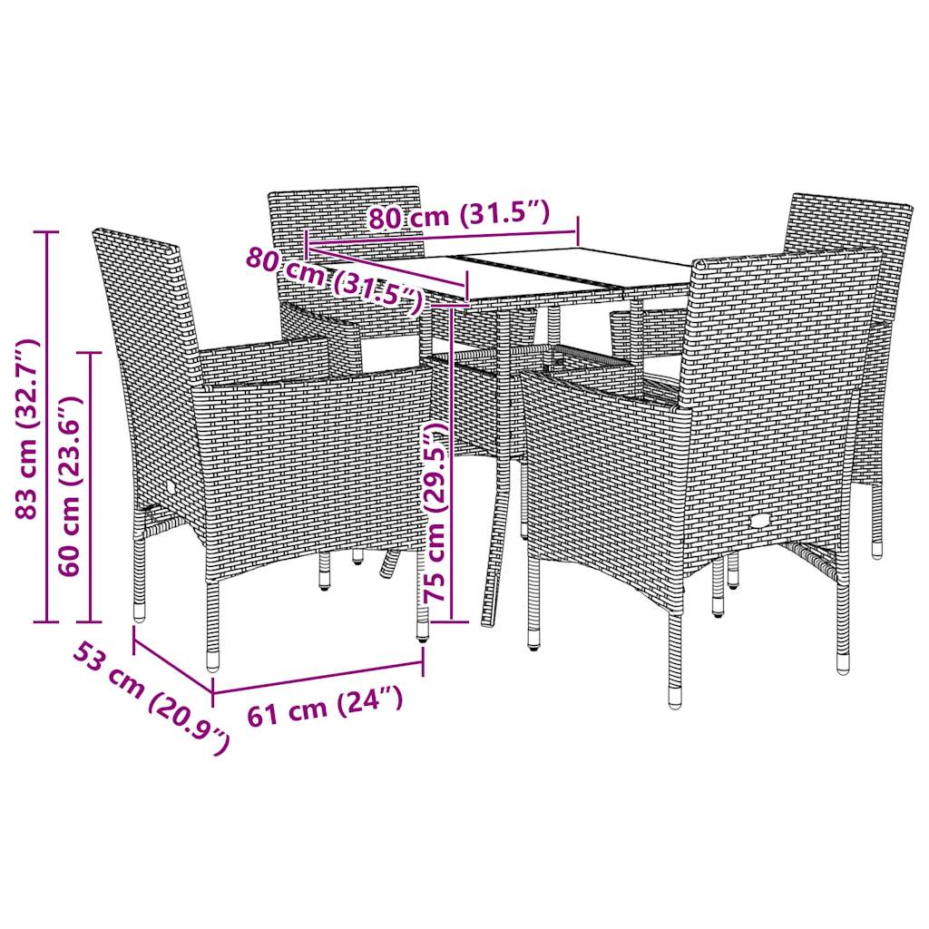 Ensemble à manger de jardin et coussins 5 pcs noir rotin verre