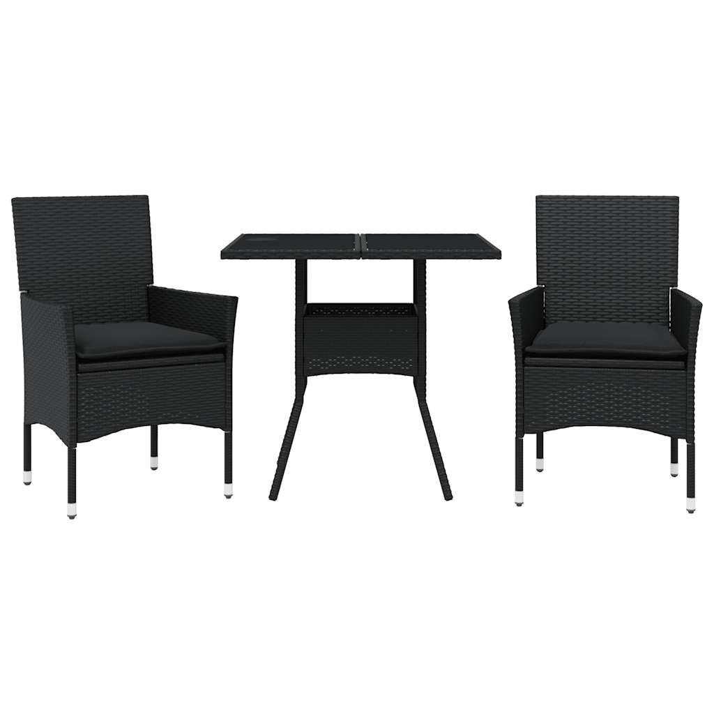 Ensemble à manger de jardin et coussins 3 pcs noir rotin verre