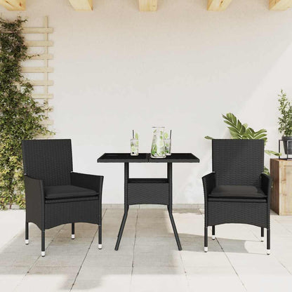 Ensemble à manger de jardin et coussins 3 pcs noir rotin verre