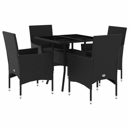 Ensemble à manger de jardin et coussins 5 pcs noir rotin verre