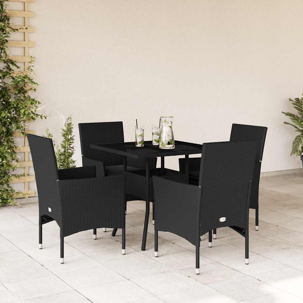 Ensemble à manger de jardin et coussins 5 pcs noir rotin verre