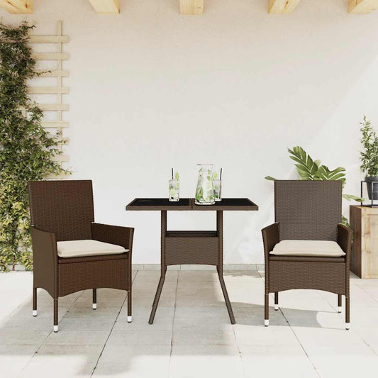 Ensemble à manger de jardin et coussins 3pcs marron rotin verre