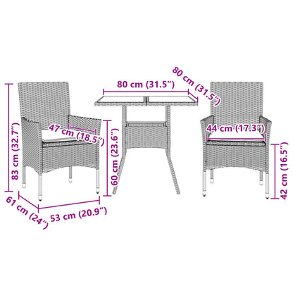 Ensemble à manger de jardin et coussins 3 pcs gris rotin verre