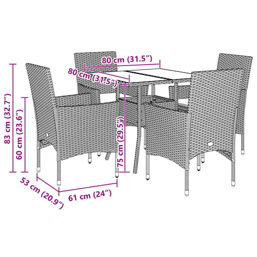 Ensemble à manger de jardin et coussins 5 pcs gris rotin verre