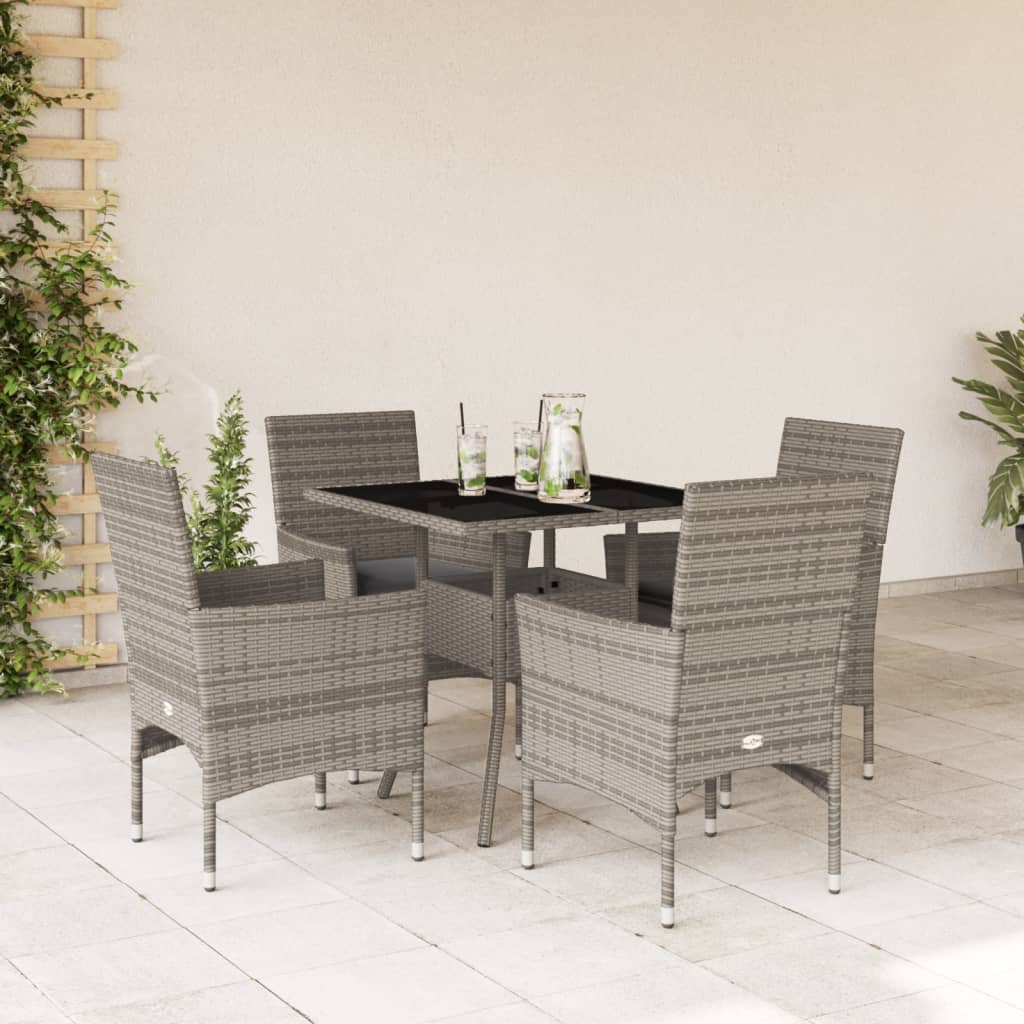 Ensemble à manger de jardin et coussins 5 pcs gris rotin verre