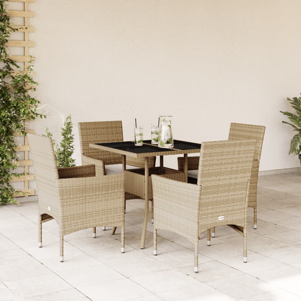 Ensemble à manger de jardin et coussins 5 pcs beige rotin verre