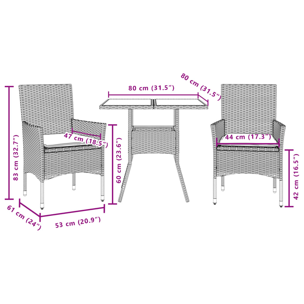 Ensemble à manger de jardin avec coussins 3 pcs rotin et verre