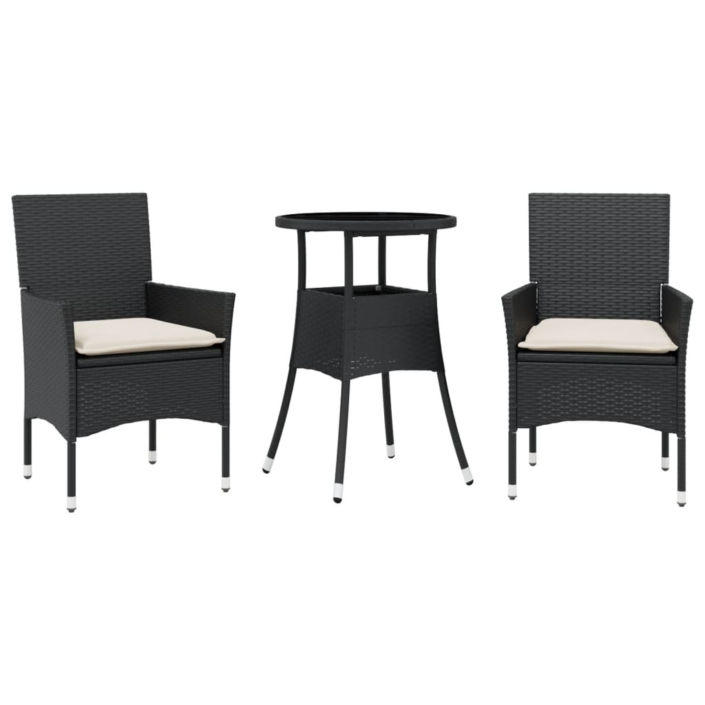 Ensemble à manger de jardin et coussins 3 pcs noir rotin verre