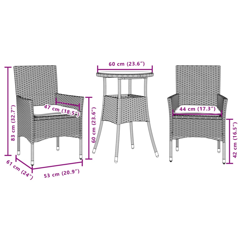 Ensemble à manger de jardin et coussins 3 pcs noir rotin verre