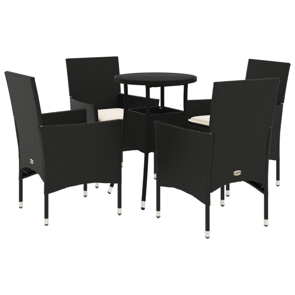 Ensemble à manger de jardin et coussins 5 pcs noir rotin verre