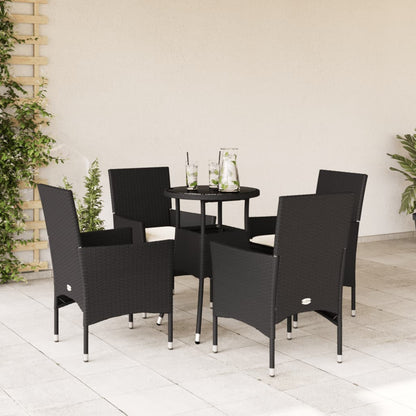 Ensemble à manger de jardin et coussins 5 pcs noir rotin verre