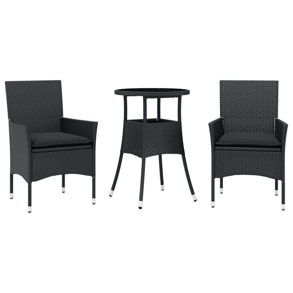 Ensemble à manger de jardin et coussins 3 pcs noir rotin verre