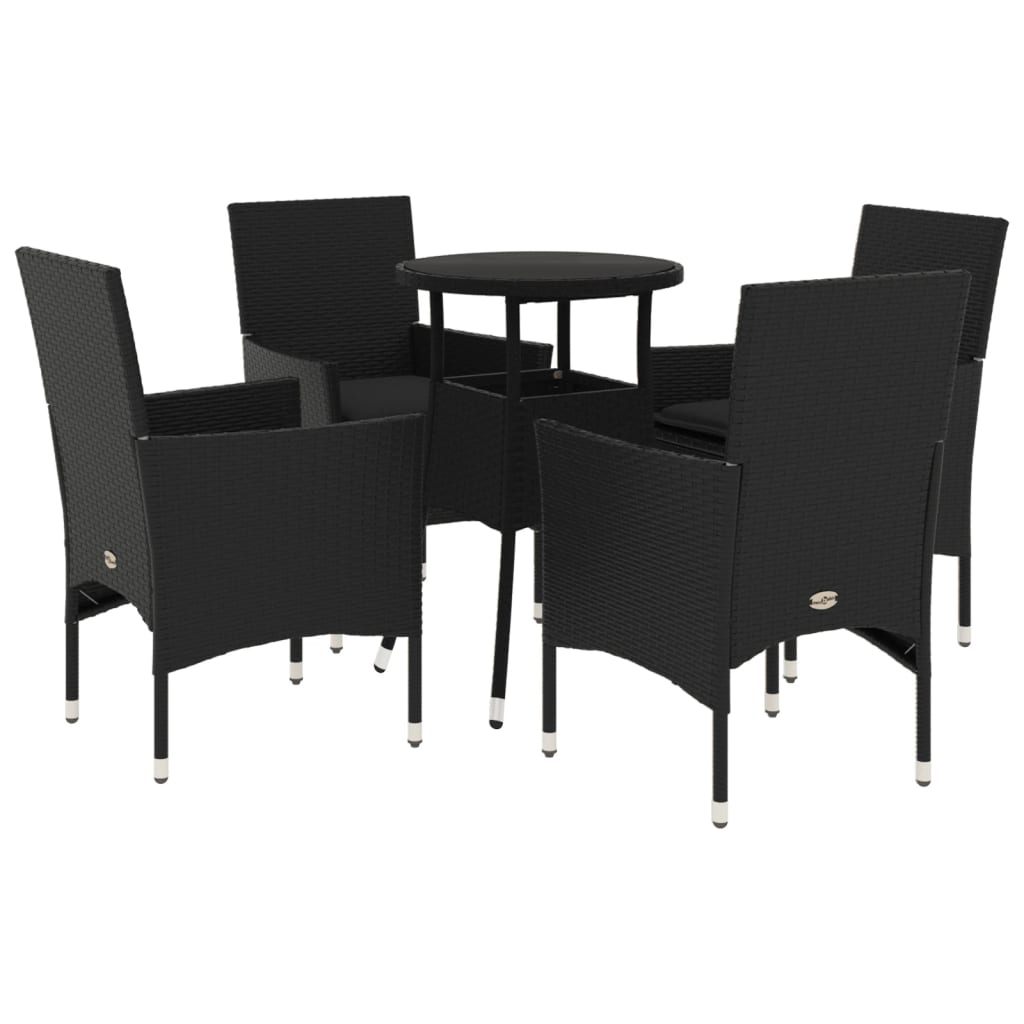 Ensemble à manger de jardin et coussins 5 pcs noir rotin verre