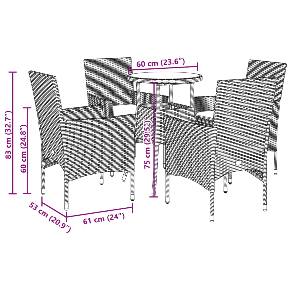 Ensemble à manger de jardin et coussins 5 pcs noir rotin verre