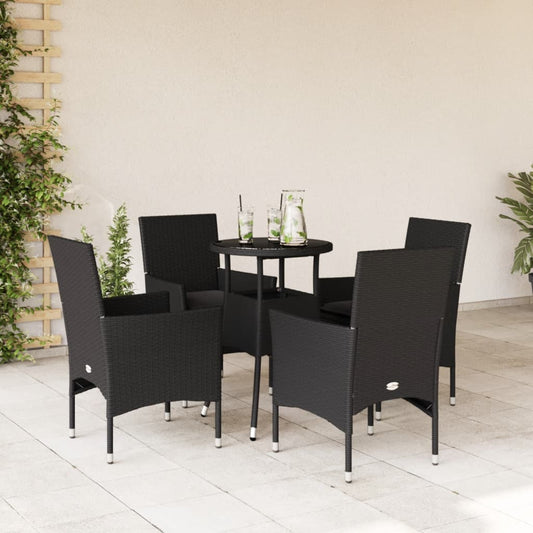 Ensemble à manger de jardin et coussins 5 pcs noir rotin verre