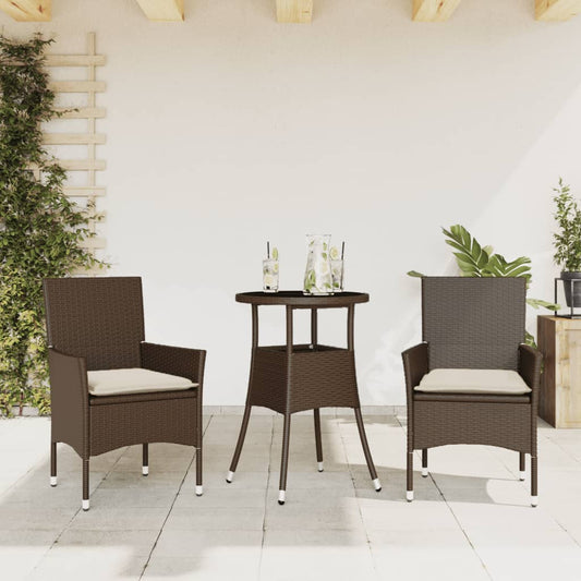 Ensemble à manger de jardin et coussins 3pcs marron rotin verre