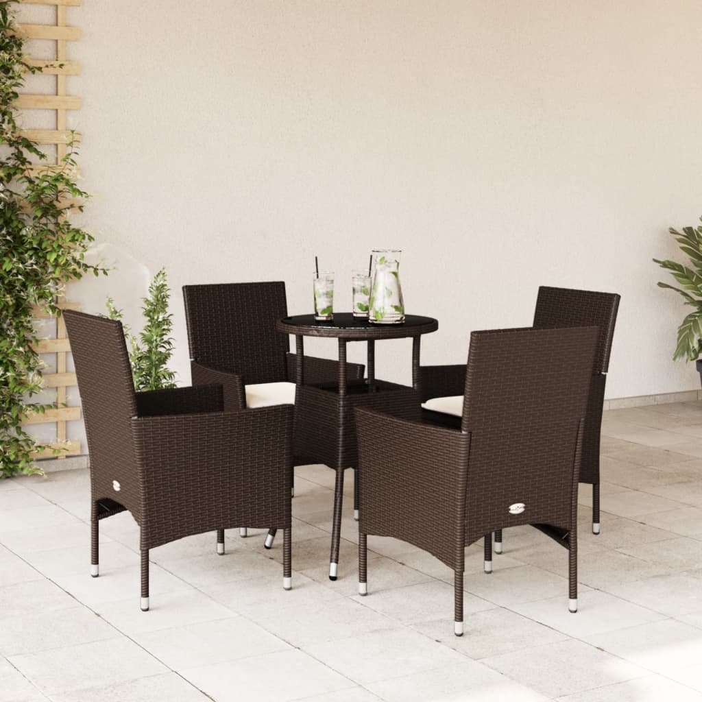 Ensemble à manger de jardin et coussins 5pcs marron rotin verre