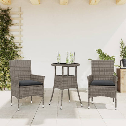 Ensemble à manger de jardin et coussins 3 pcs gris rotin verre