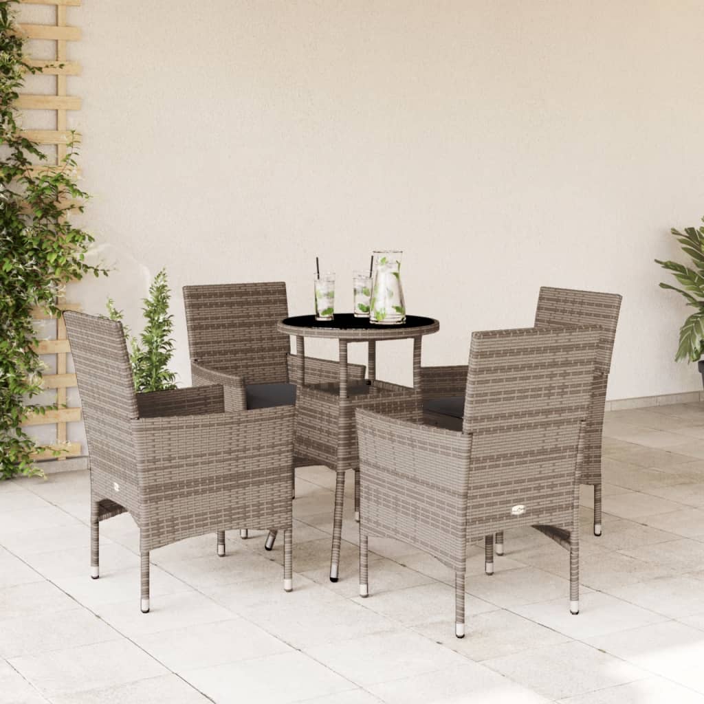 Ensemble à manger de jardin et coussins 5 pcs gris rotin verre