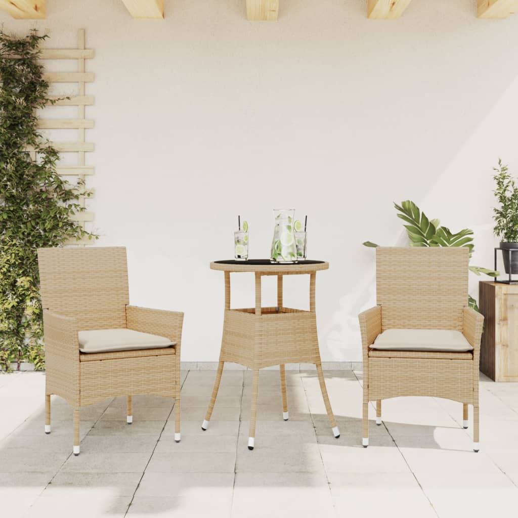 Ensemble à manger de jardin et coussins 3 pcs beige rotin verre