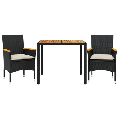 Ensemble à manger de jardin et coussins 3 pcs noir rotin acacia