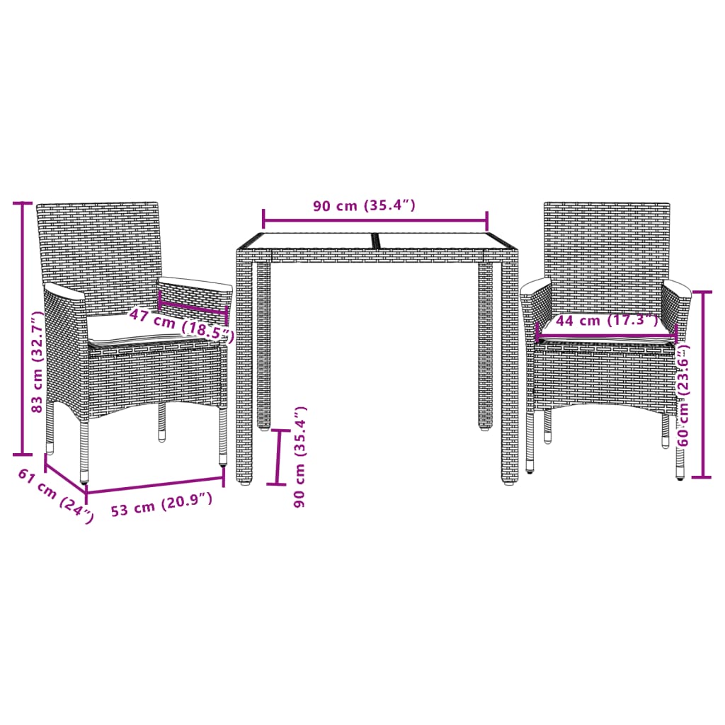 Ensemble à manger de jardin et coussins 3 pcs noir rotin acacia