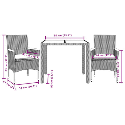 Ensemble à manger de jardin et coussins 3 pcs noir rotin acacia