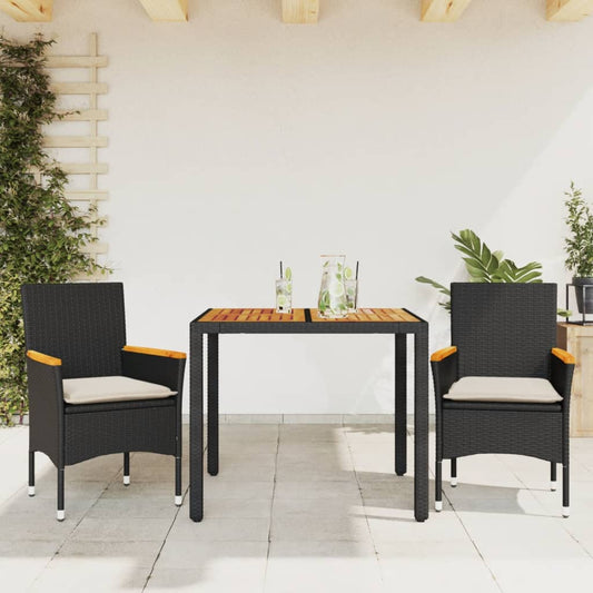 Ensemble à manger de jardin et coussins 3 pcs noir rotin acacia