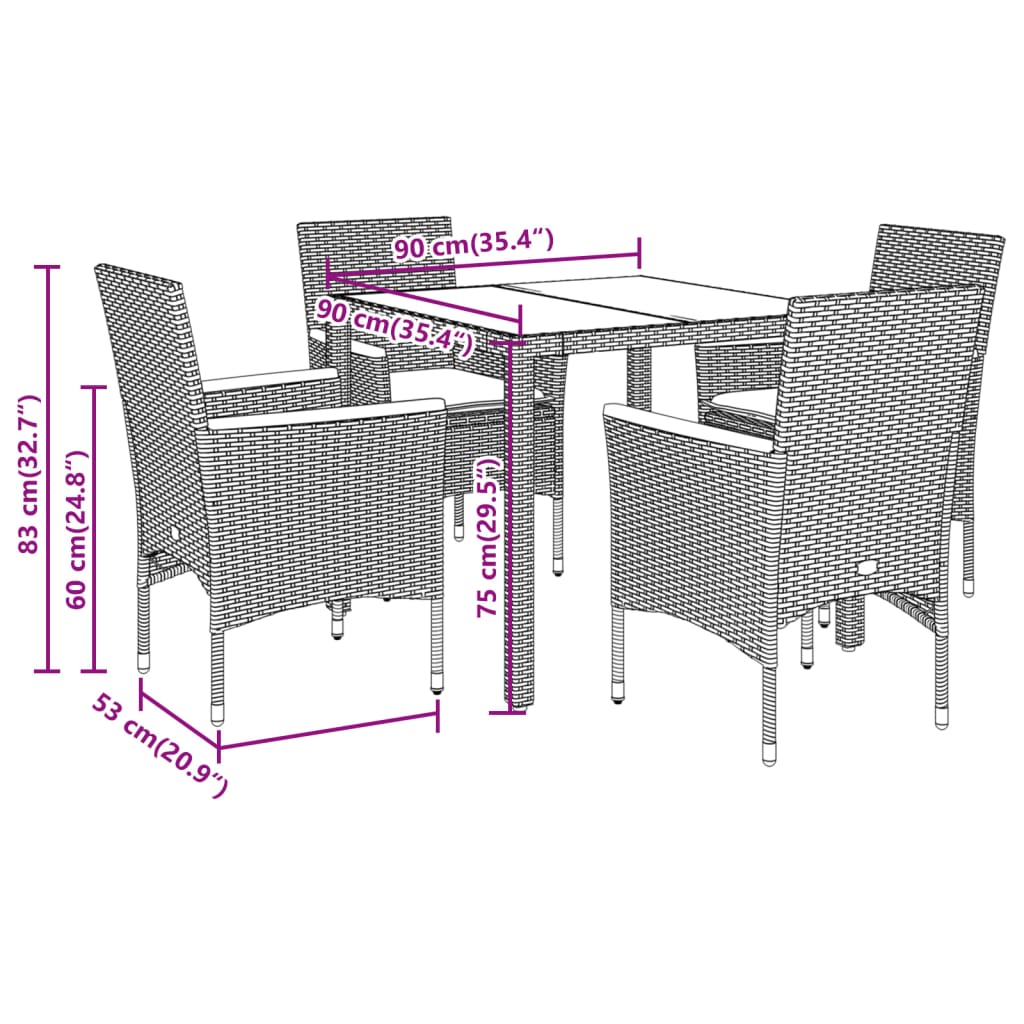 Ensemble à manger de jardin et coussins 5 pcs noir rotin acacia