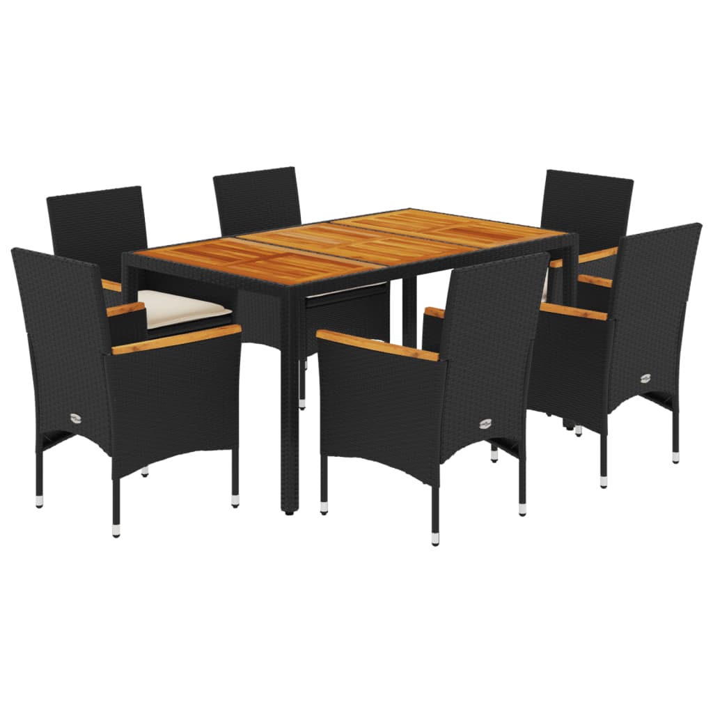 Ensemble à manger de jardin et coussins 7pcs noir rotin acacia