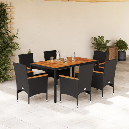 Ensemble à manger de jardin et coussins 7pcs noir rotin acacia