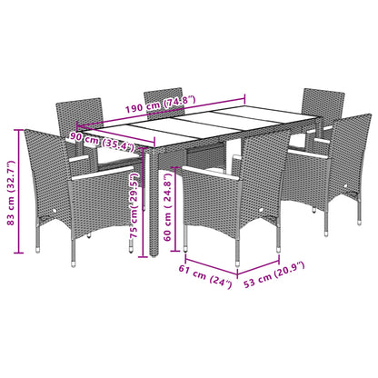 Ensemble à manger de jardin et coussins 7pcs noir rotin acacia