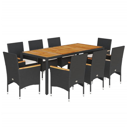 Ensemble à manger de jardin et coussins 9 pcs noir rotin acacia