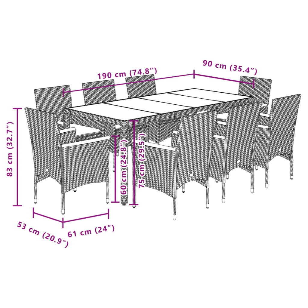 Ensemble à manger de jardin et coussins 9 pcs noir rotin acacia