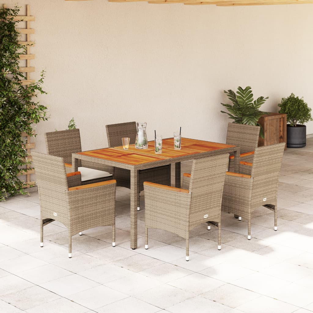 Ensemble à manger de jardin et coussins 7pcs beige rotin acacia