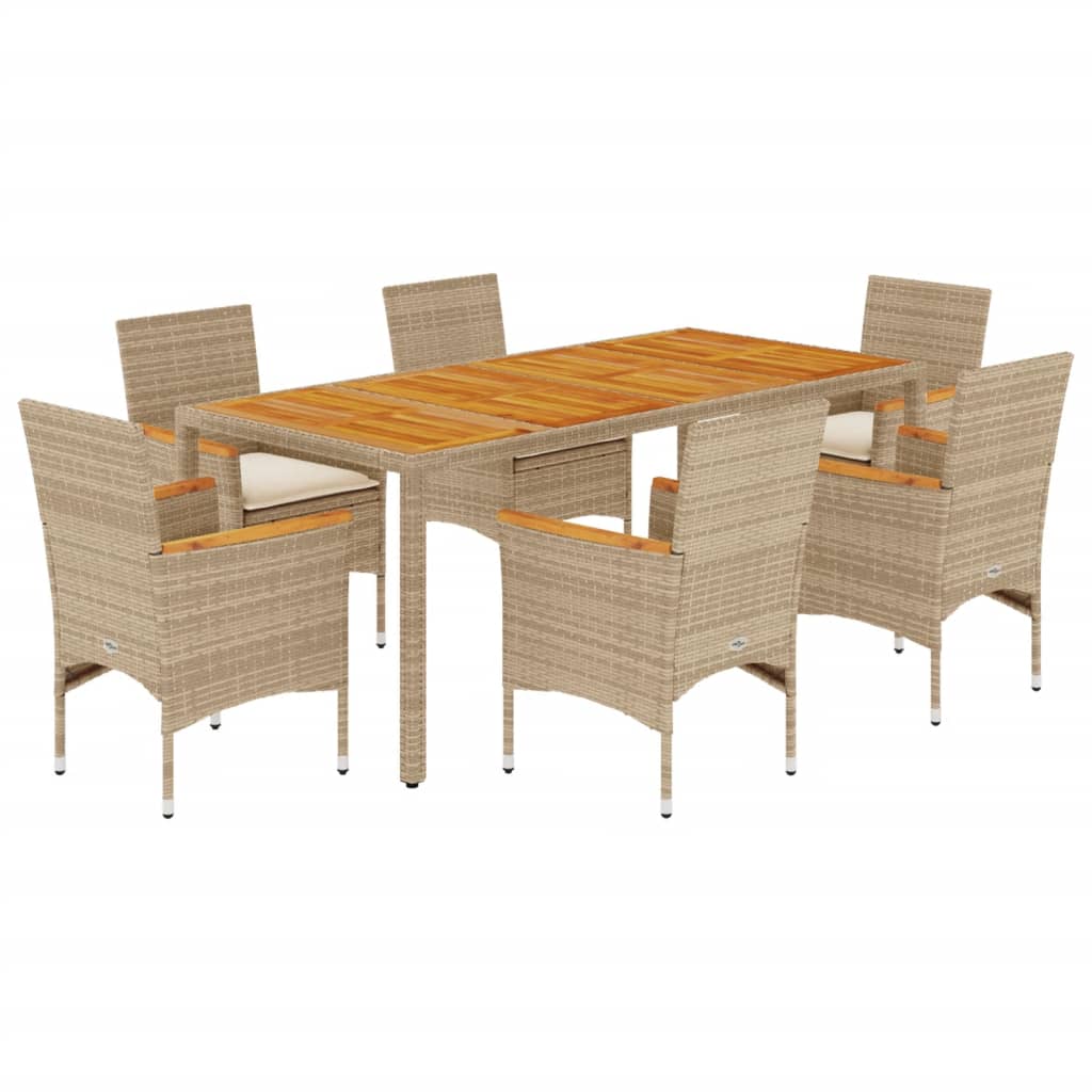 Ensemble à manger de jardin et coussins 7pcs beige rotin acacia