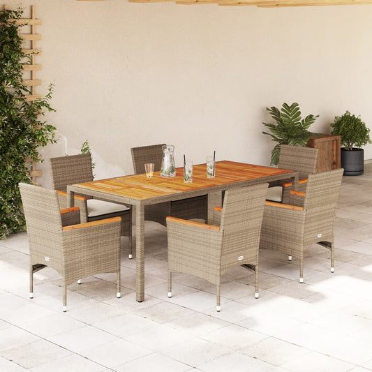 Ensemble à manger de jardin et coussins 7pcs beige rotin acacia