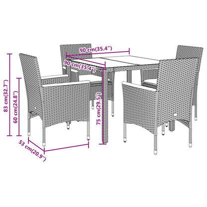 Ensemble à manger de jardin et coussins 5 pcs noir rotin verre