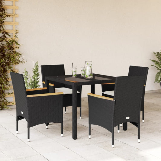 Ensemble à manger de jardin et coussins 5 pcs noir rotin verre