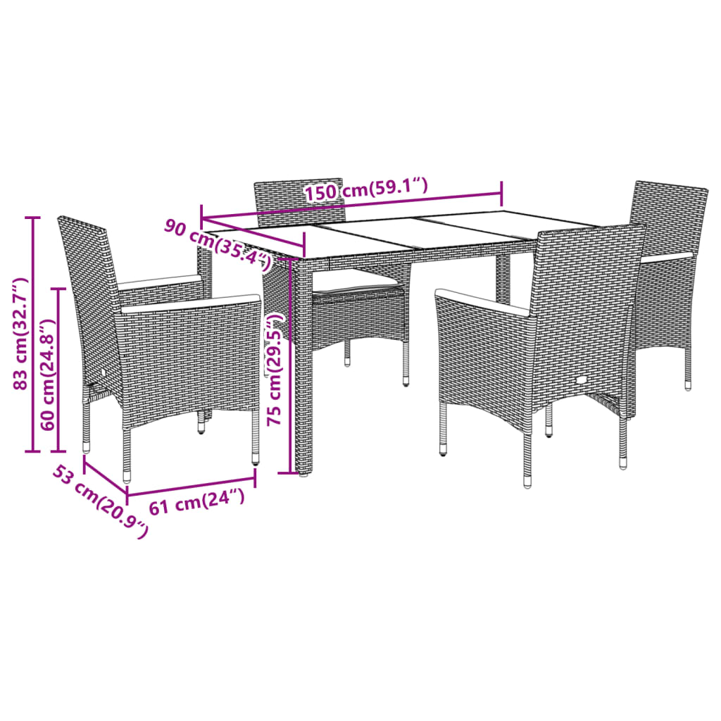 Ensemble à manger de jardin et coussins 5 pcs noir rotin verre