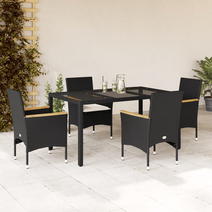 Ensemble à manger de jardin et coussins 5 pcs noir rotin verre