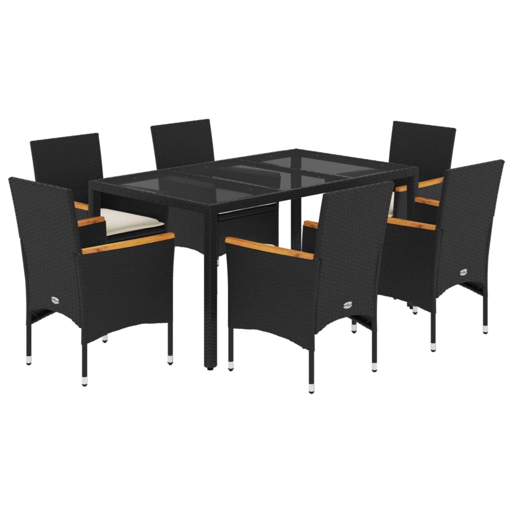 Ensemble à manger de jardin et coussins 7 pcs noir rotin acacia