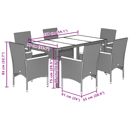 Ensemble à manger de jardin et coussins 7 pcs noir rotin acacia