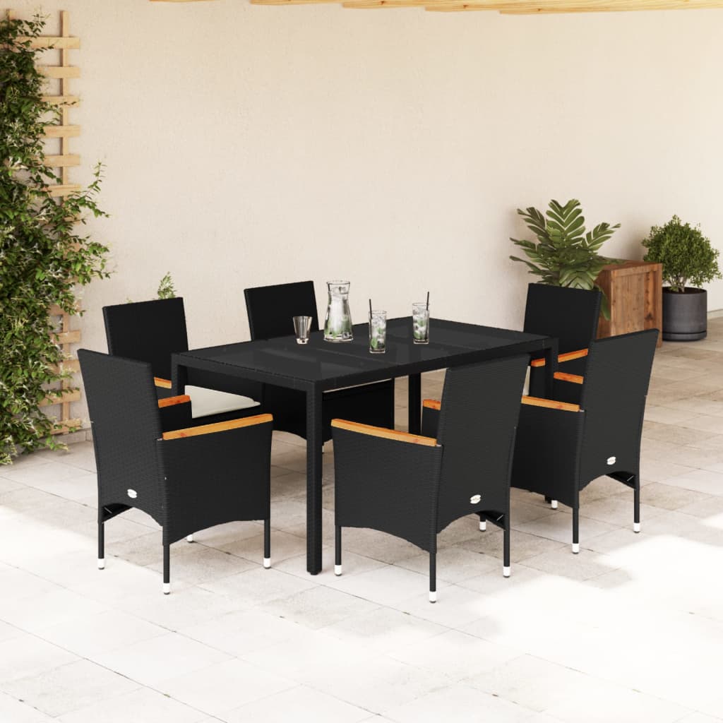 Ensemble à manger de jardin et coussins 7 pcs noir rotin acacia